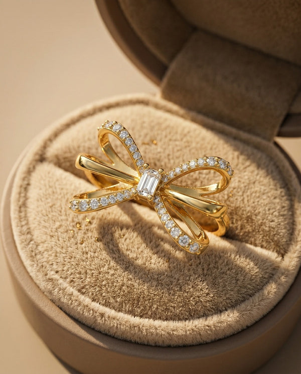 Gold bow-shaped ring with diamonds on a beige jewelry box