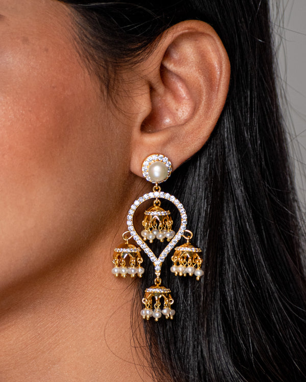 Gold Chandbali Jhumka with Multiple Pearl Drops