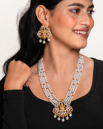 Ganpati Pearl Necklace With CZ-Studded Temple Set