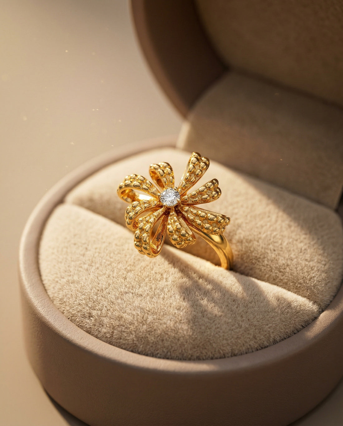 Gold flower-shaped ring with a diamond on a white background