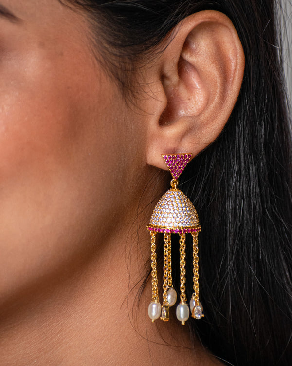 Gold Jhumkas with Pearl Chain Danglers