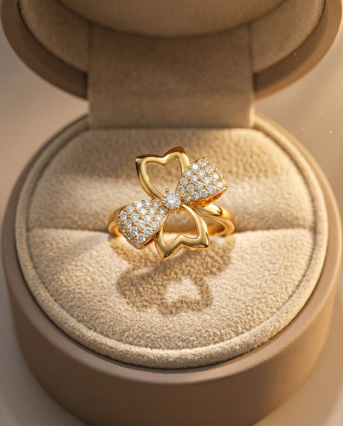 Gold bow-shaped ring with embedded diamonds on a white background