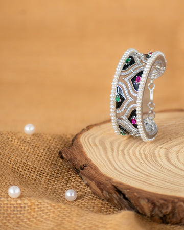 Royal Multicolor Enamel CZ & Pearl Silver Bangle