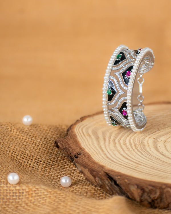 Royal Multicolor Enamel CZ & Pearl Silver Bangle