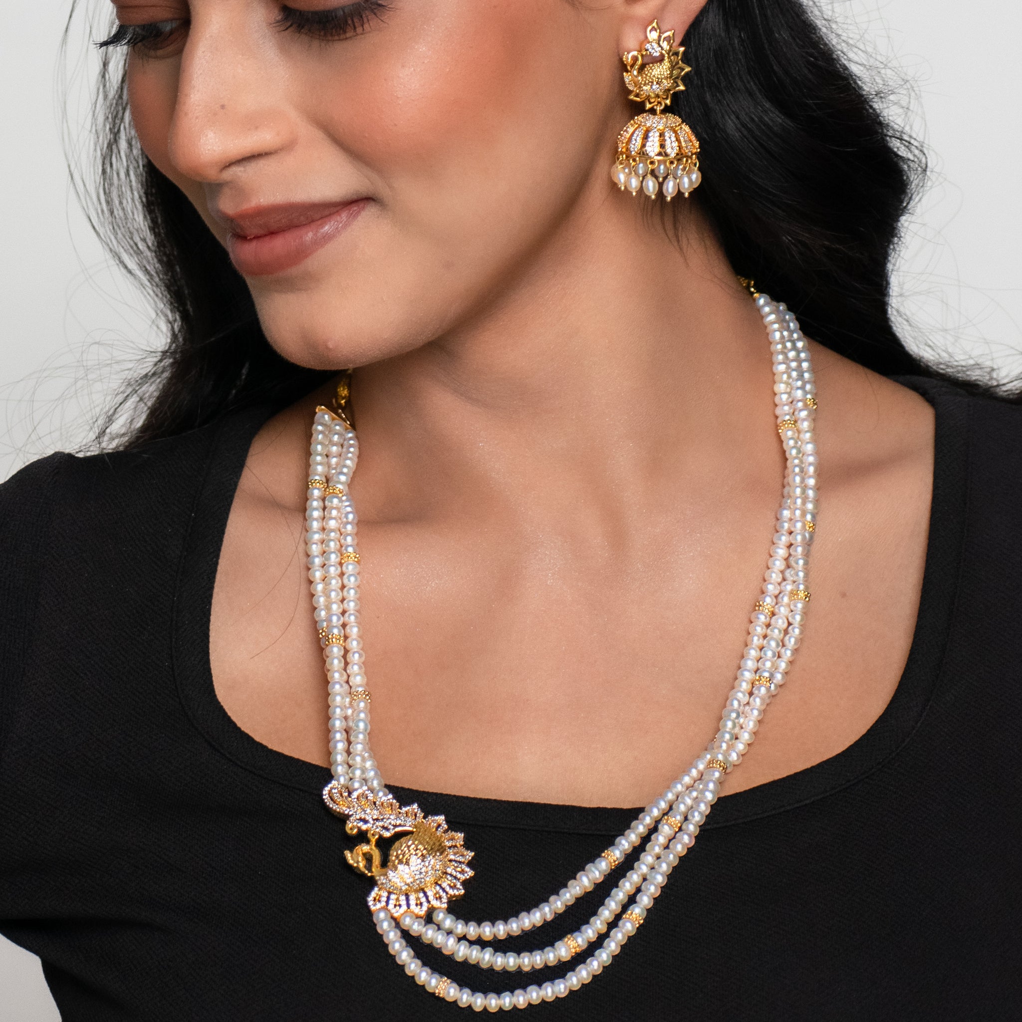 Pearl Goddess Lakshmi Layered Necklace Set With Peacock Temple Pendant