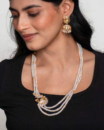Pearl Goddess Lakshmi Layered Necklace Set With Peacock Temple Pendant
