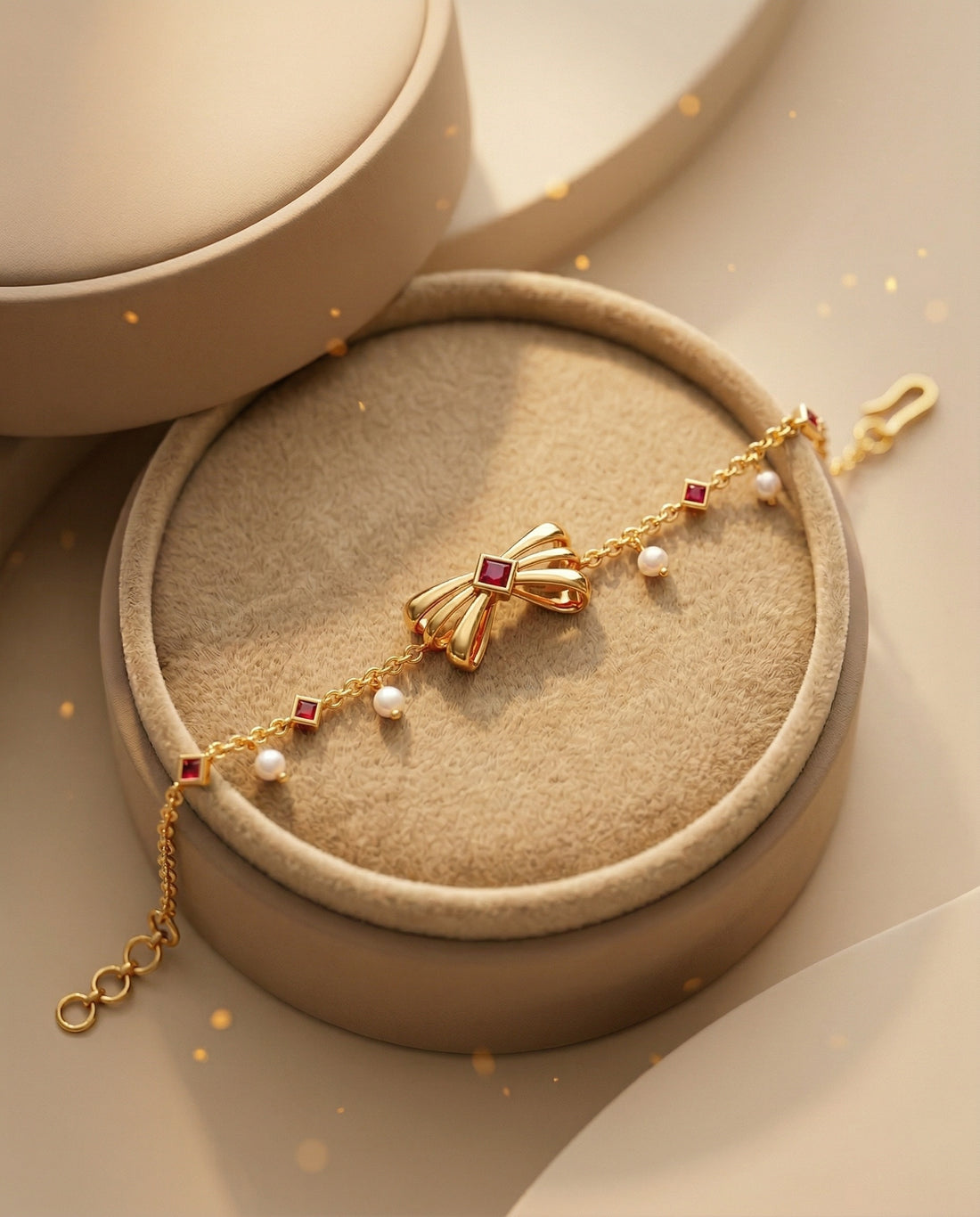 Gold bracelet with red gemstones and pearls on a white background