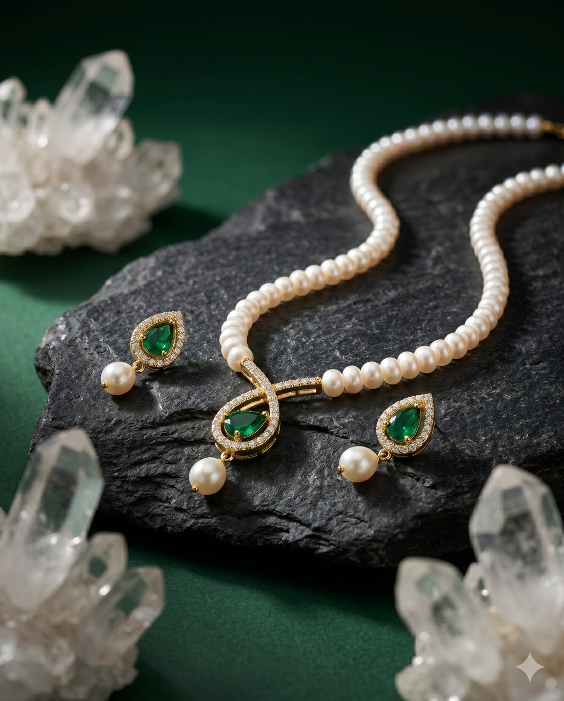 Emerald Teardrop Pearl & CZ Infinity Set