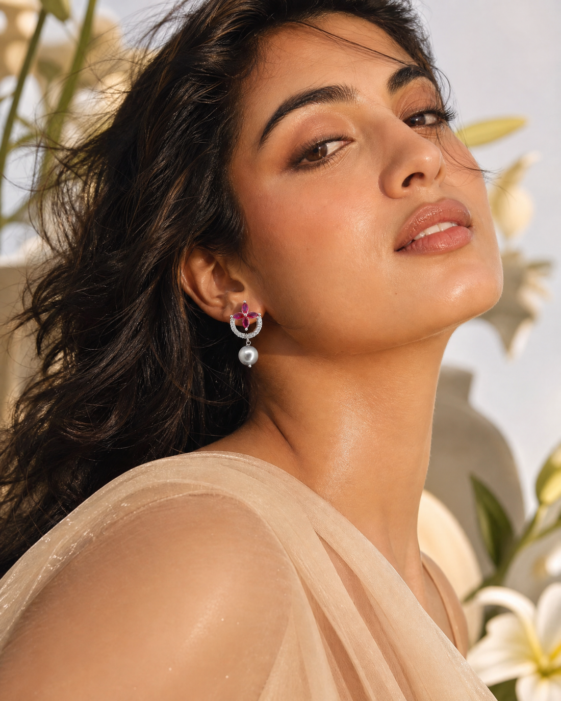 Elegant Silver-Tone Floral & Grey Pearl Drop Earrings