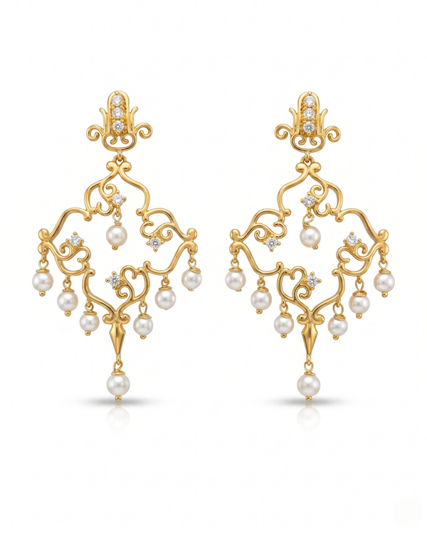 Exquisite Gold Plated Filigree Pearl Chandelier Earrings