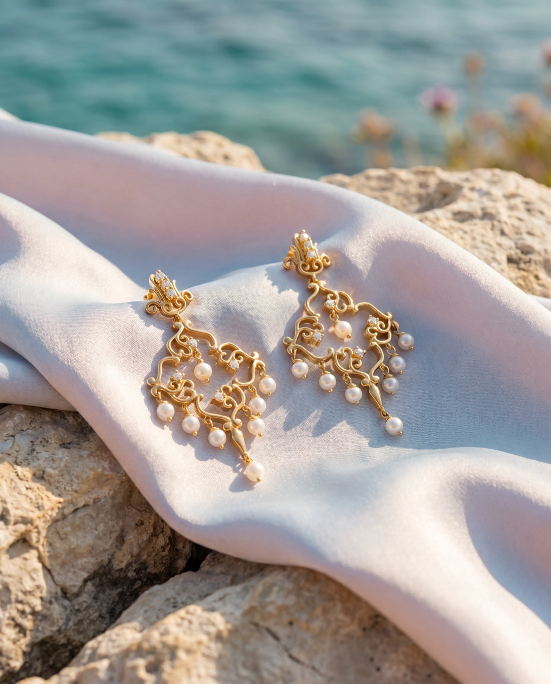Exquisite Gold Plated Filigree Pearl Chandelier Earrings