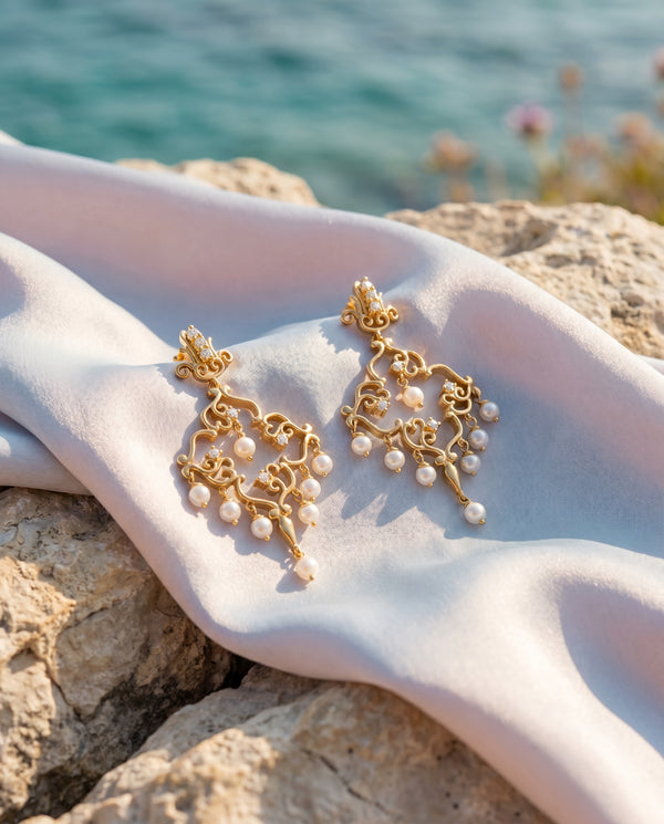 Exquisite Gold Plated Filigree Pearl Chandelier Earrings