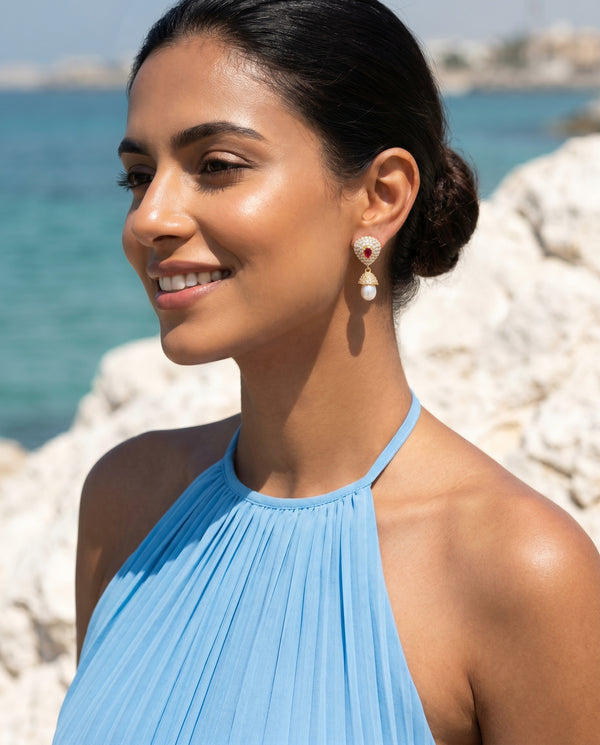 Regal Crimson Pear & CZ Pearl Drop Earrings