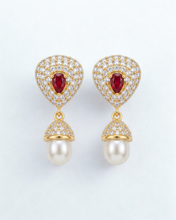 Regal Crimson Pear & CZ Pearl Drop Earrings