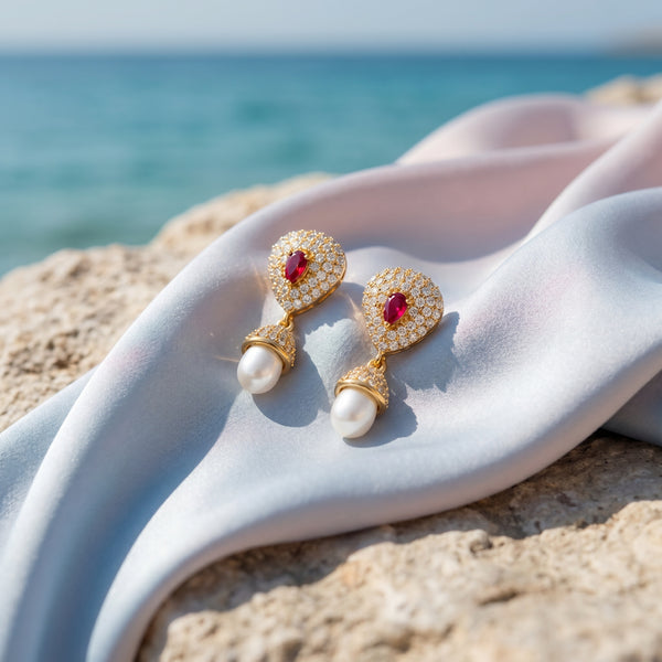 Regal Crimson Pear & CZ Pearl Drop Earrings