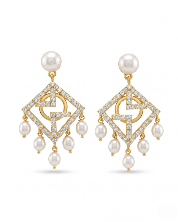 Geometric CZ Mosaic Rhombus Pearl Earrings