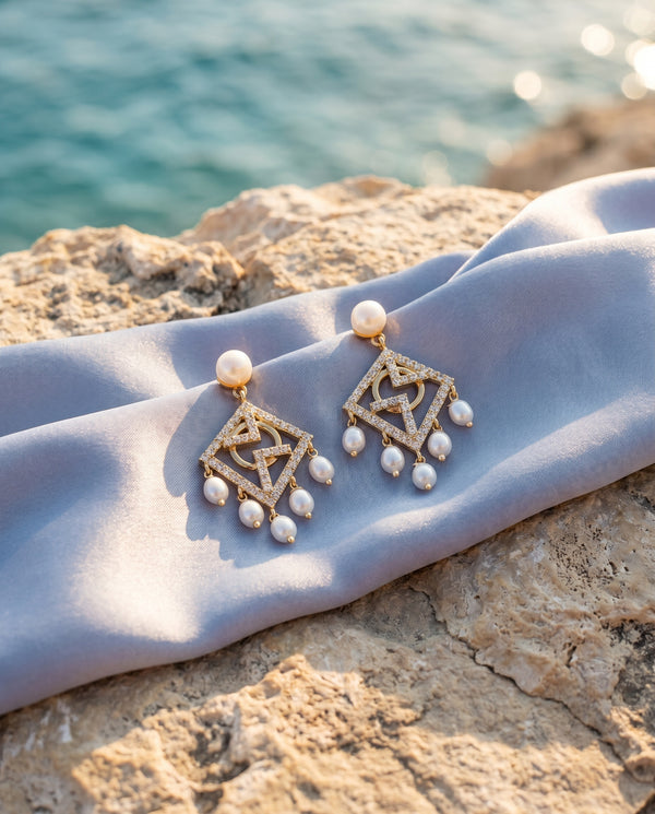 Geometric CZ Mosaic Rhombus Pearl Earrings