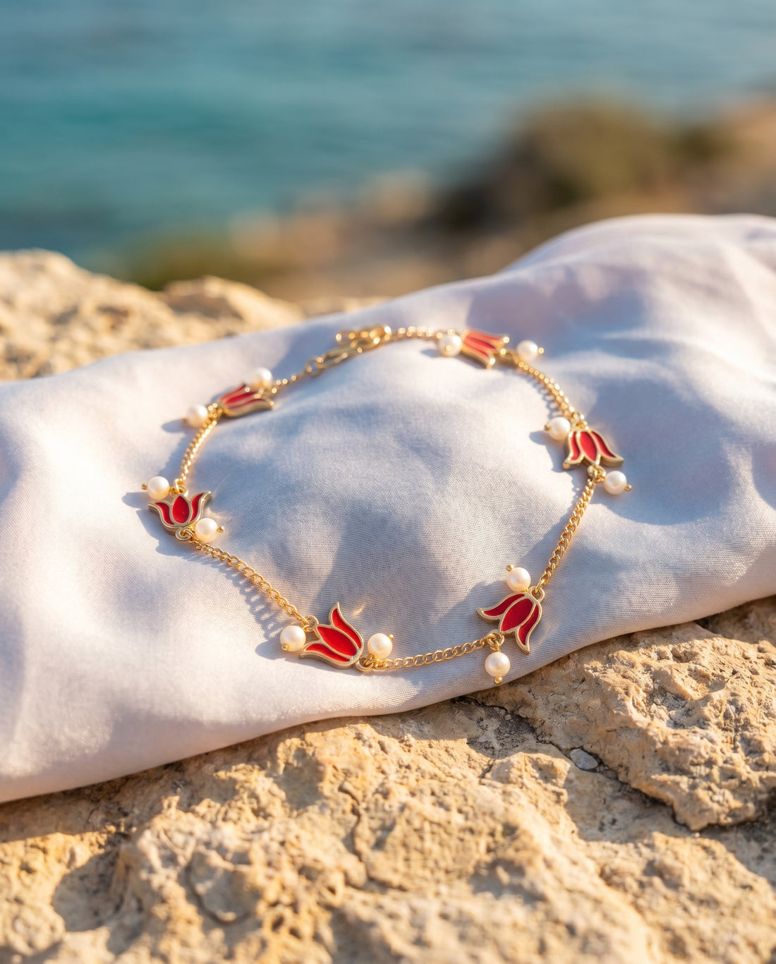 Vibrant Floral Enamel & Pearl Gold-Tone Anklet