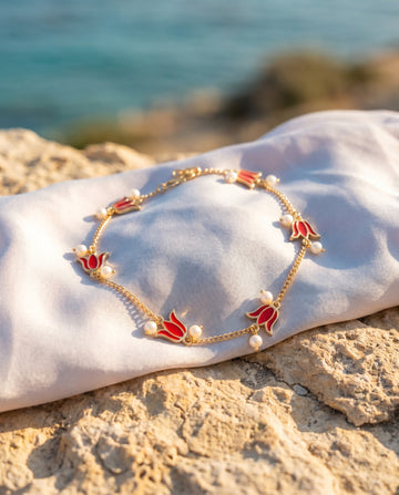 Vibrant Floral Enamel & Pearl Gold-Tone Anklet