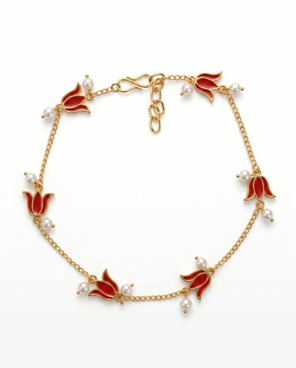 Vibrant Floral Enamel & Pearl Gold-Tone Anklet