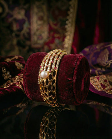 Regal Lattice Gold-Plated Pearl Bangle
