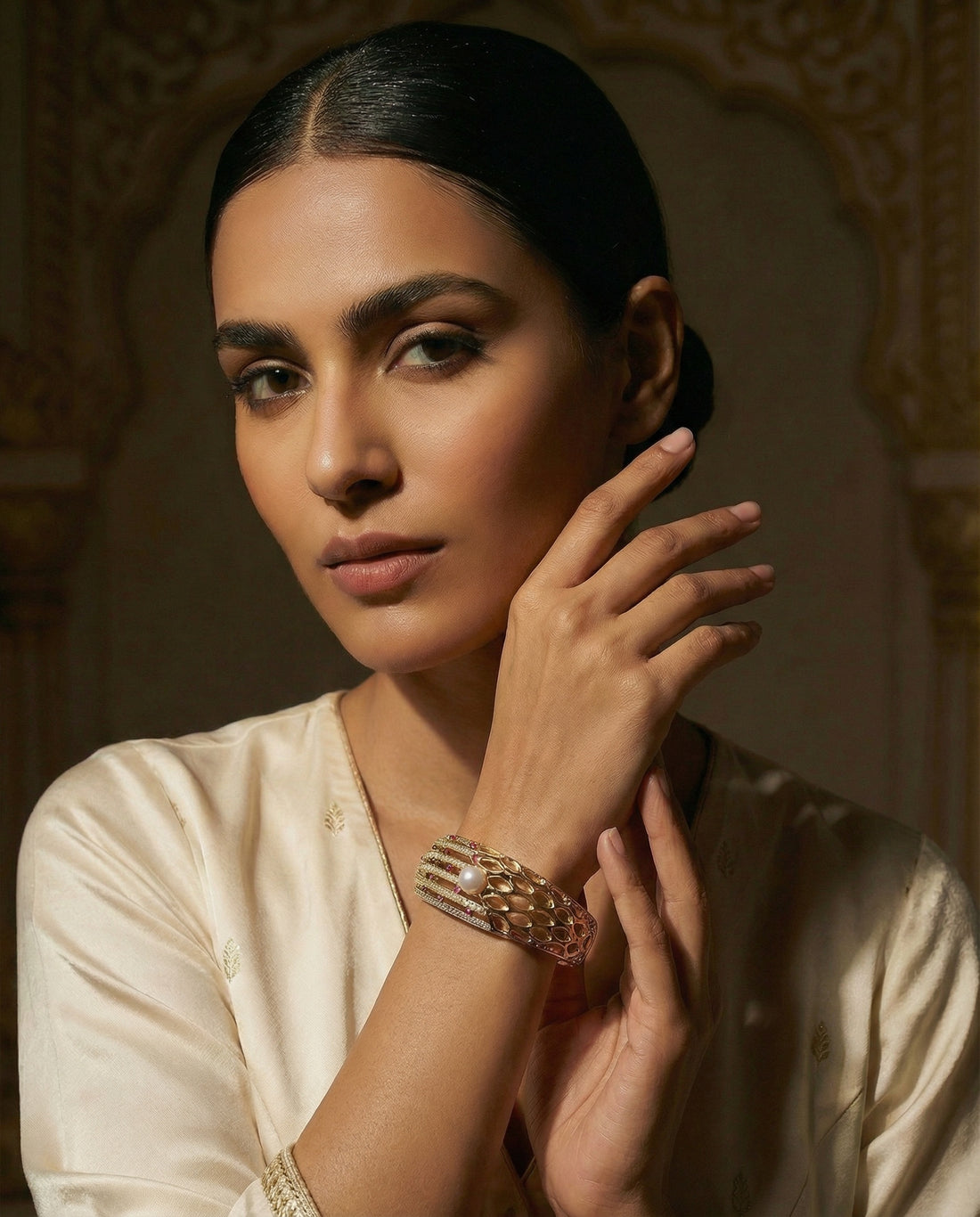 Regal Lattice Gold-Plated Pearl Bangle