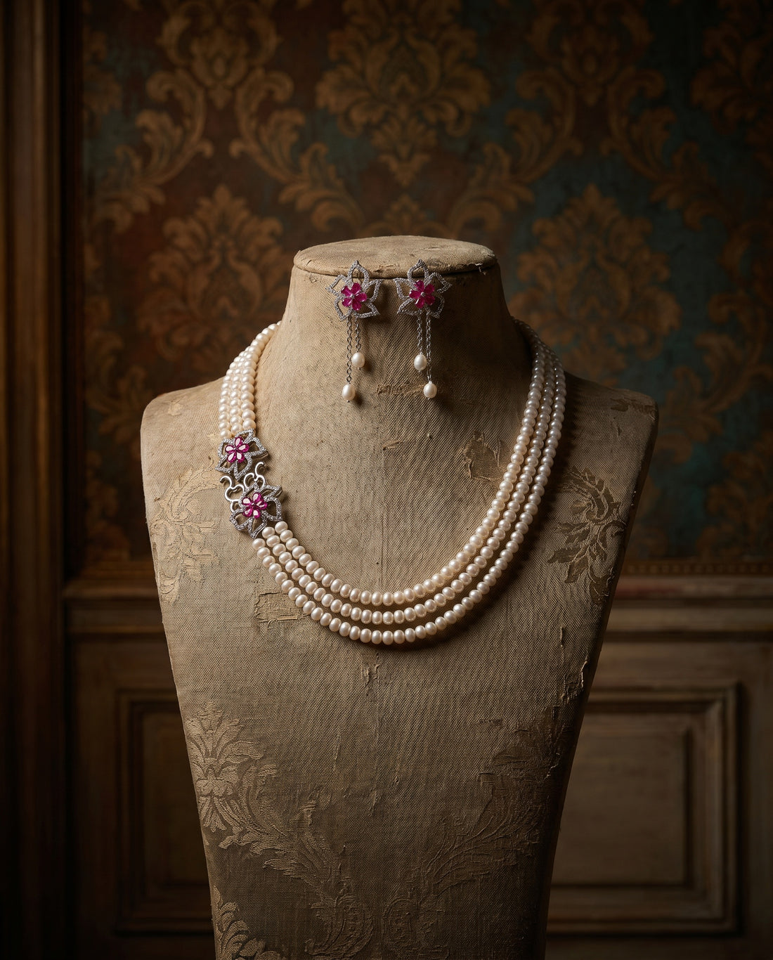 Elegant Ruby CZ Three-Strand Pearl Necklace and Earring Set