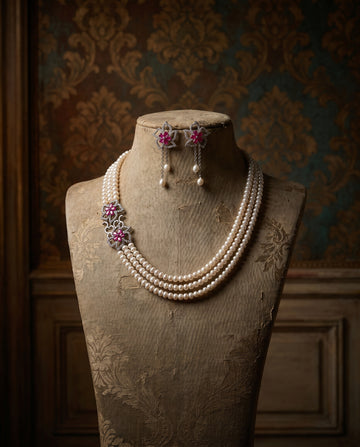 Elegant Ruby CZ Three-Strand Pearl Necklace and Earring Set