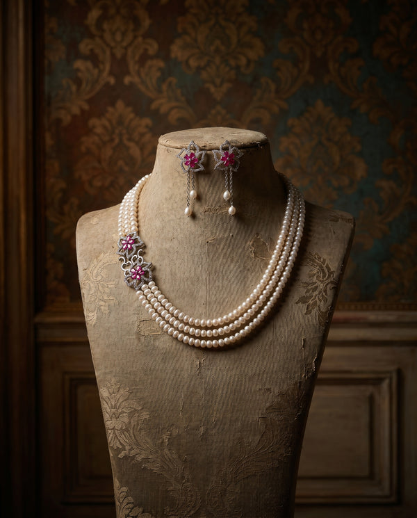 Elegant Ruby CZ Three-Strand Pearl Necklace and Earring Set
