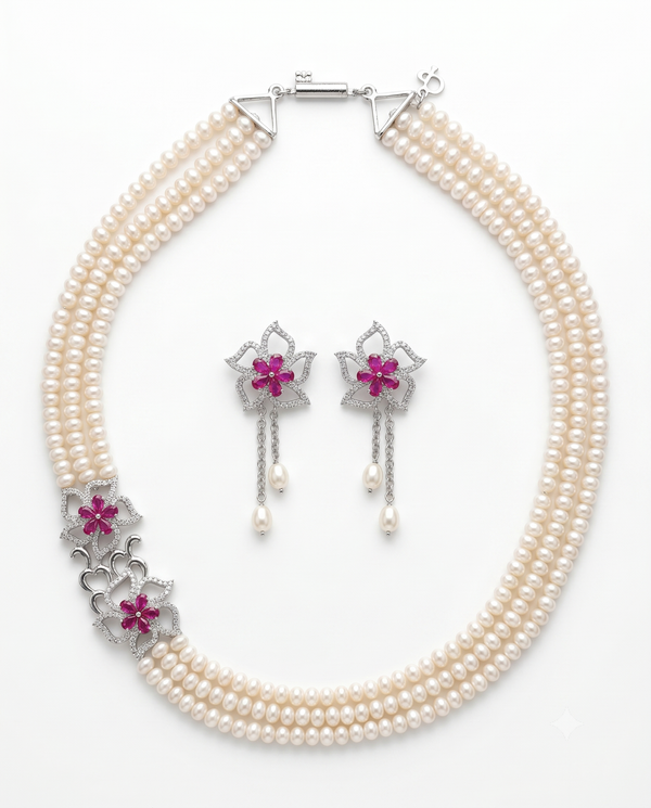 Elegant Ruby CZ Three-Strand Pearl Necklace and Earring Set
