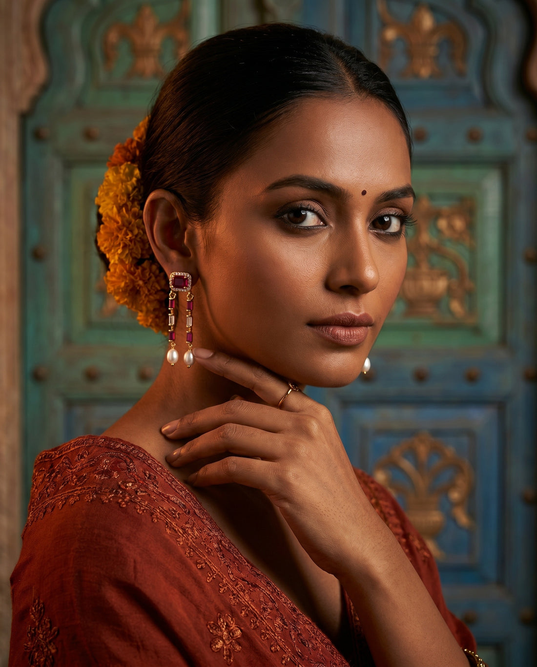Elegant Gold-Plated Ruby Red Emerald-Cut CZ  Drop Earrings