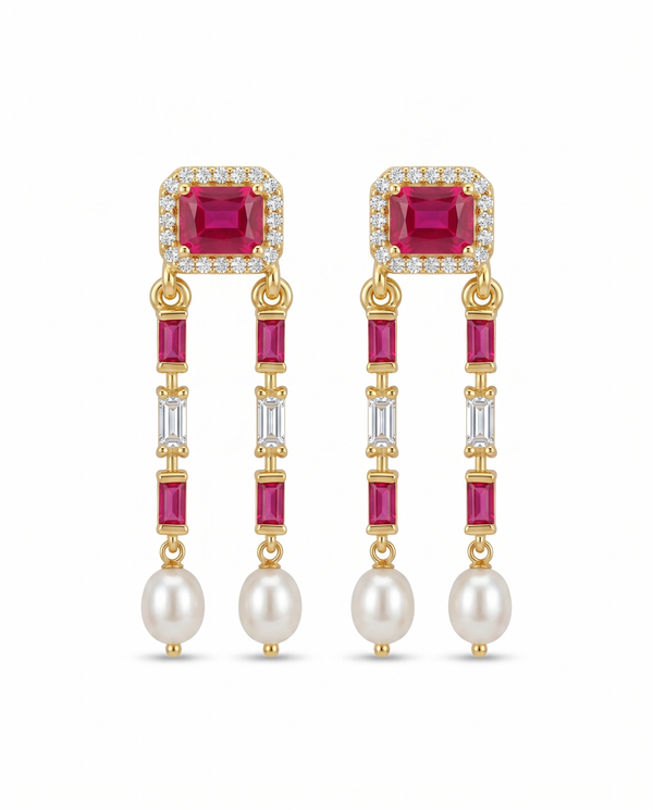 Elegant Gold-Plated Ruby Red Emerald-Cut CZ  Drop Earrings