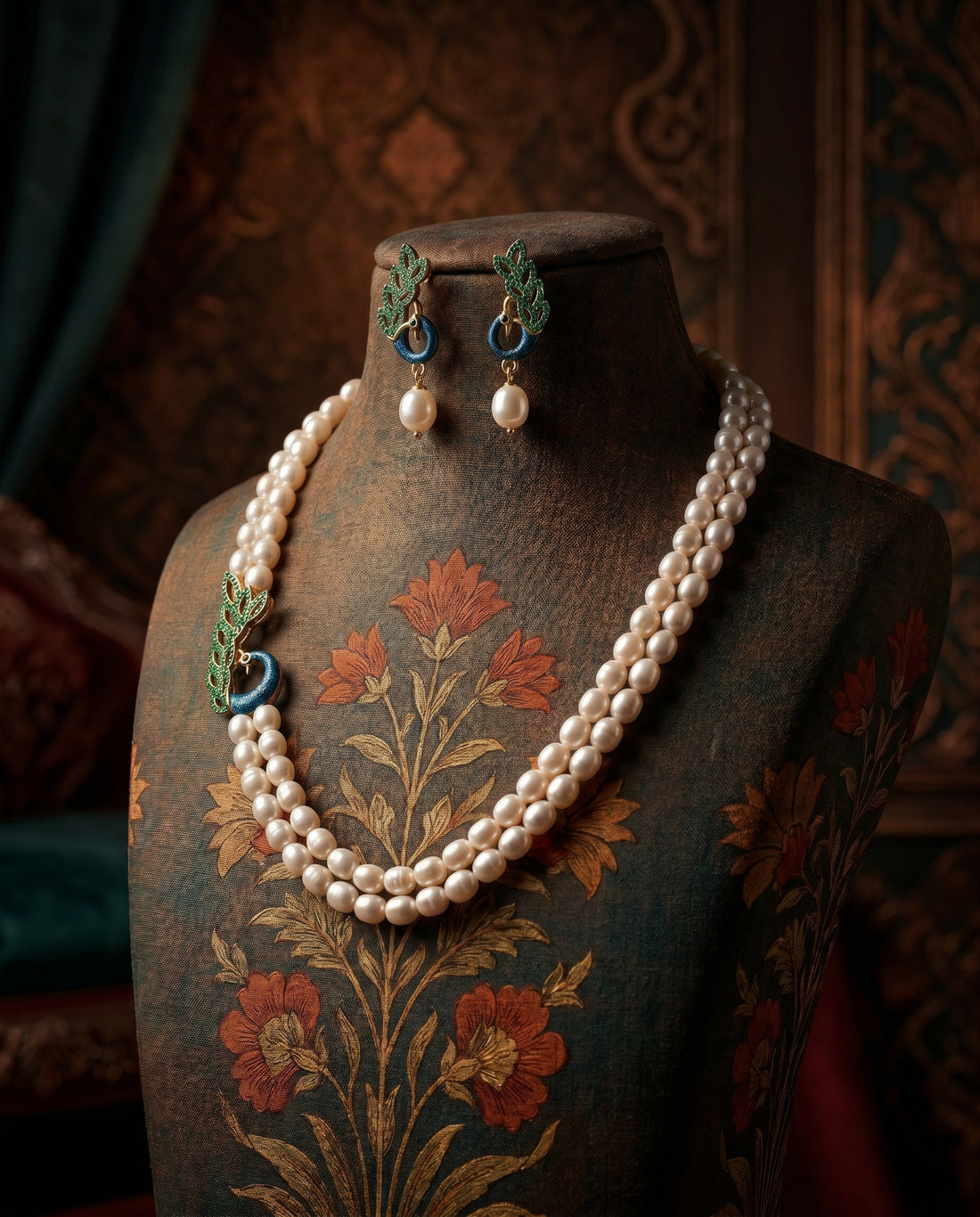 Elegant Peacock Motif Double Line White Pearl Necklace Set