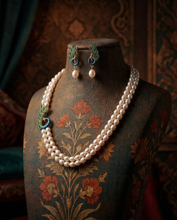 Elegant Peacock Motif Double Line White Pearl Necklace Set