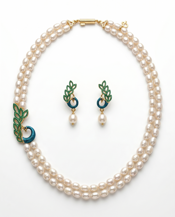 Elegant Peacock Motif Double Line White Pearl Necklace Set