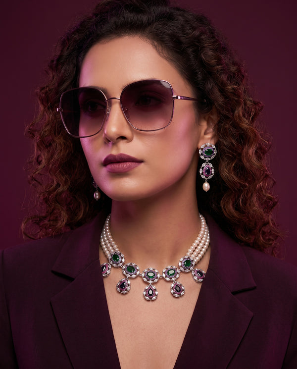 Royal Multi-Colour CZ Triple Strand Pearl Statement Set