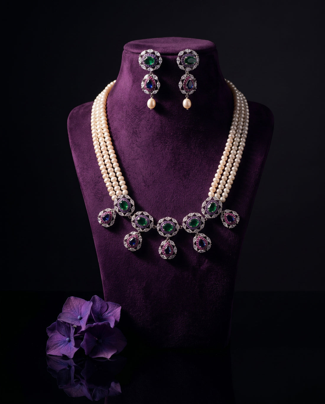 Royal Multi-Colour CZ Triple Strand Pearl Statement Set