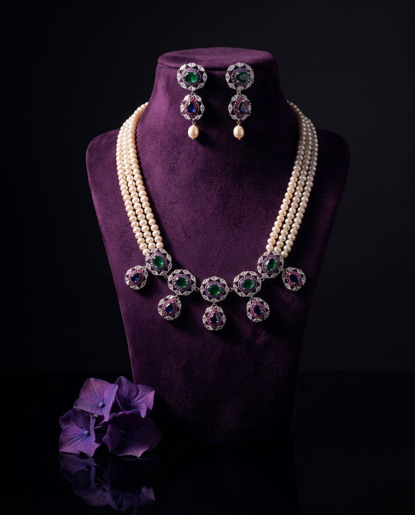 Royal Multi-Colour CZ Triple Strand Pearl Statement Set