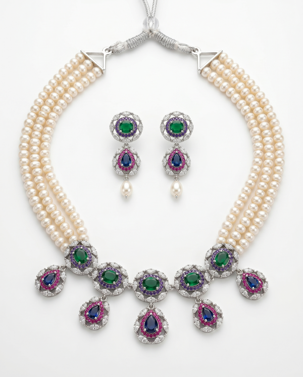 Royal Multi-Colour CZ Triple Strand Pearl Statement Set