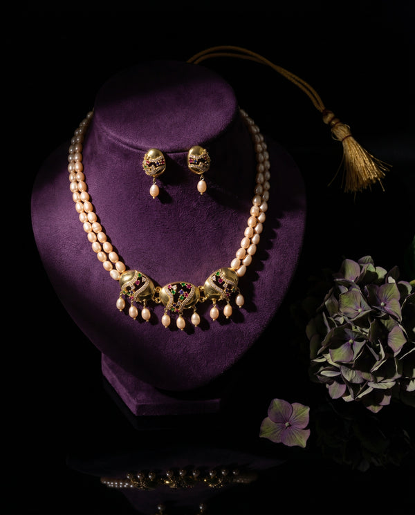 Gold Double-Strand Peach Pearl Necklace Set
