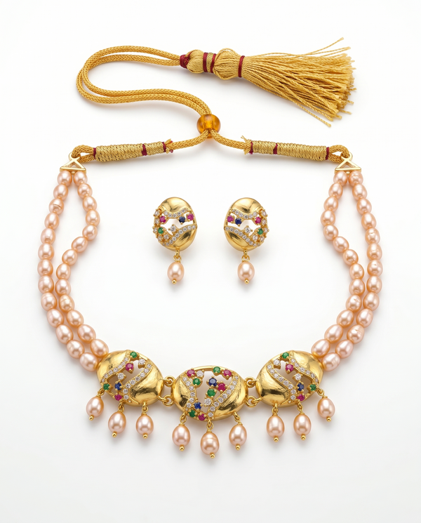 Gold Double-Strand Peach Pearl Necklace Set