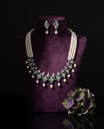 Triple-Strand Pearl & Geometric CZ Harlequin Necklace Set