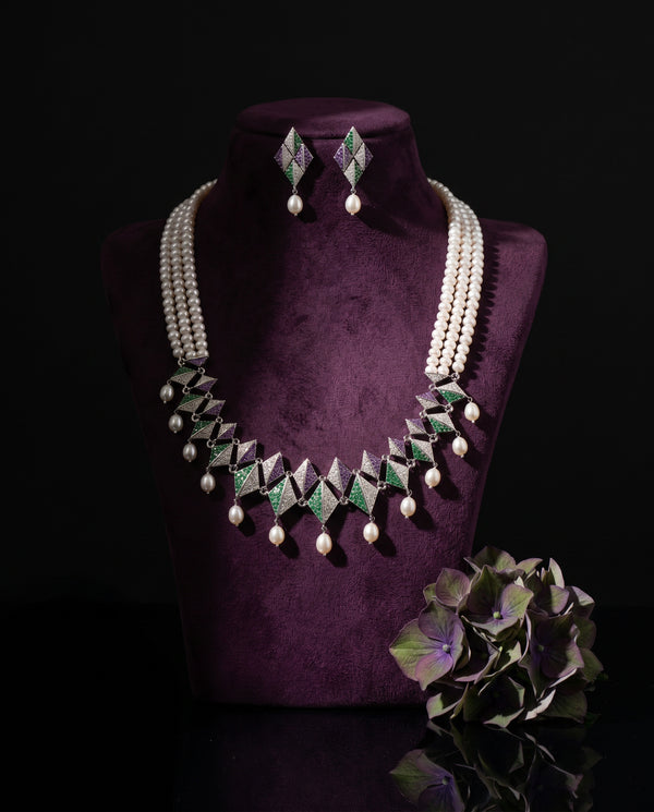 Triple-Strand Pearl & Geometric CZ Harlequin Necklace Set