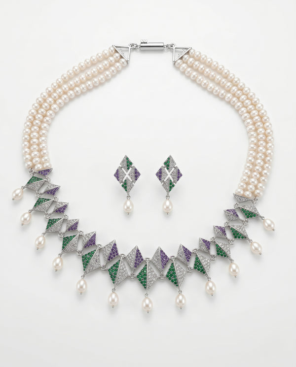 Triple-Strand Pearl & Geometric CZ Harlequin Necklace Set