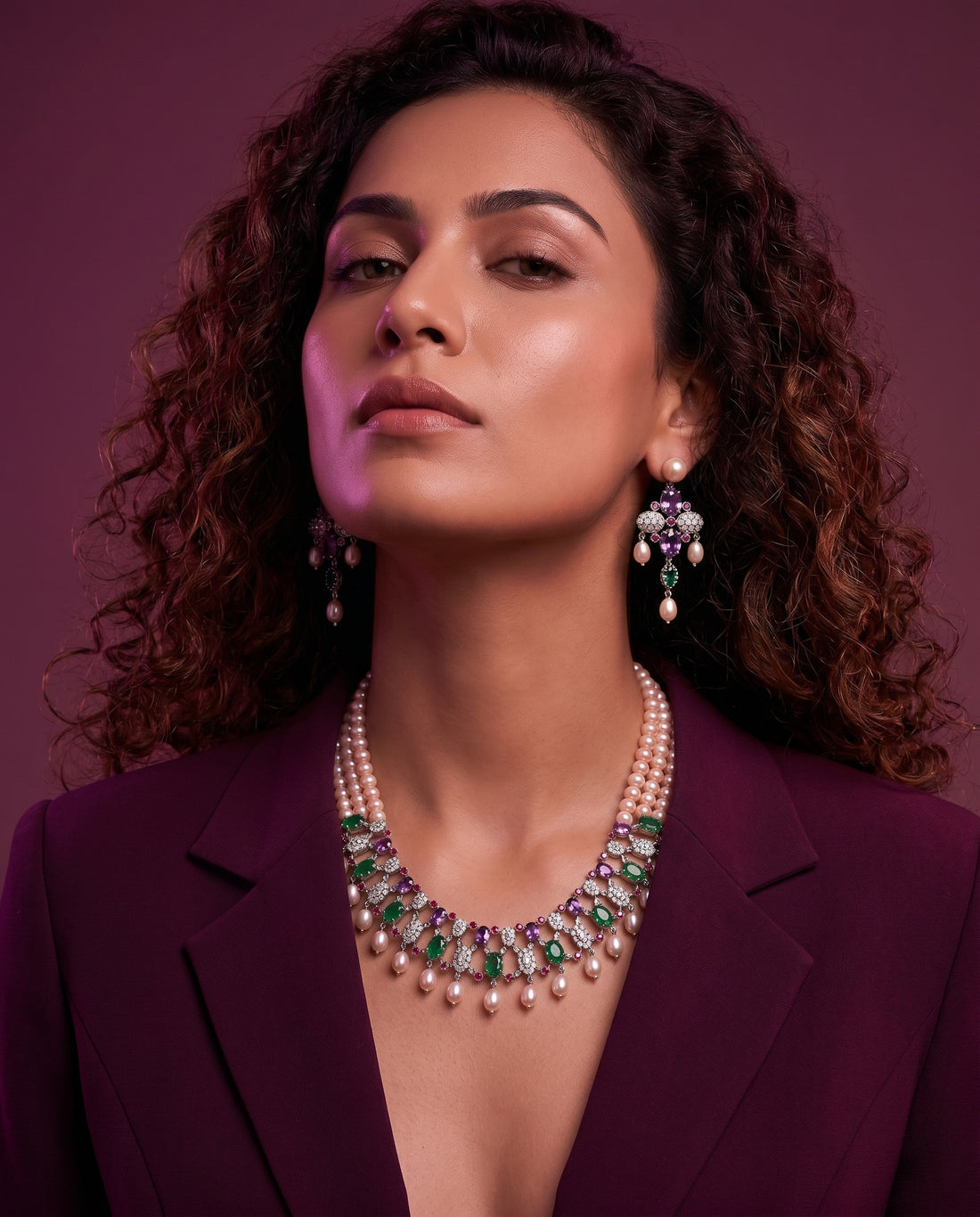 Triple-Strand Pearl & Multi-Gemstone Lattice Jewellery Set