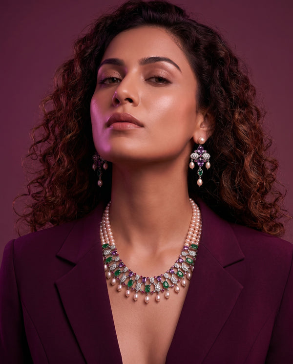 Triple-Strand Pearl & Multi-Gemstone Lattice Jewellery Set