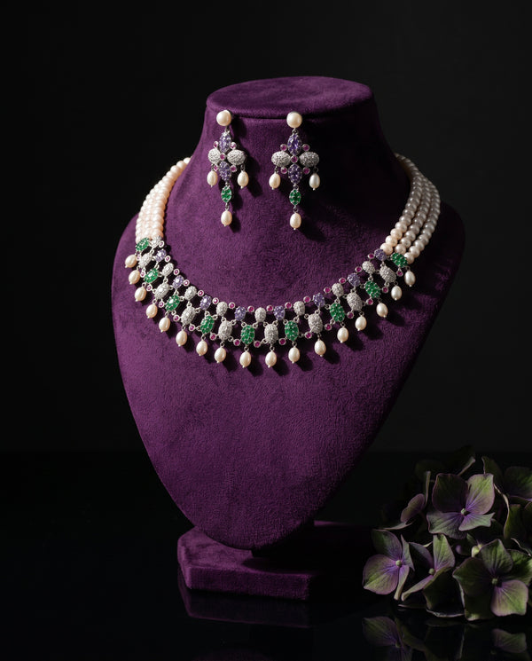 Triple-Strand Pearl & Multi-Gemstone Lattice Jewellery Set