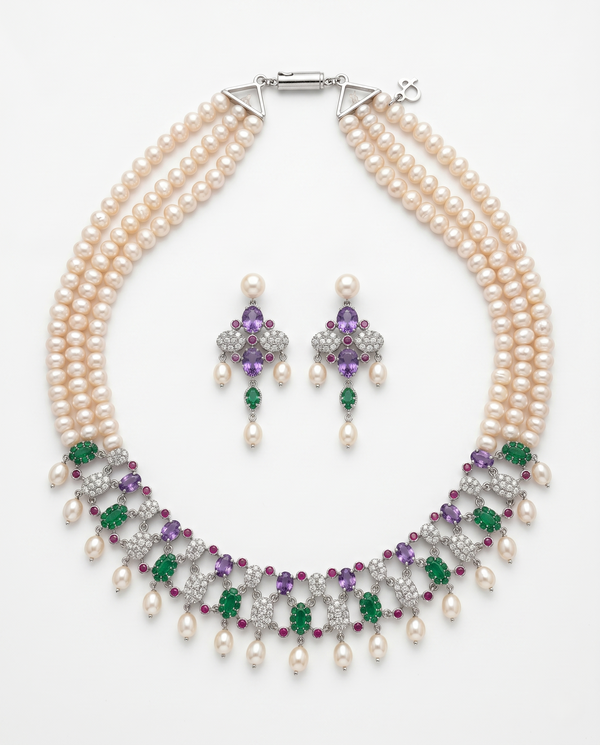 Triple-Strand Pearl & Multi-Gemstone Lattice Jewellery Set