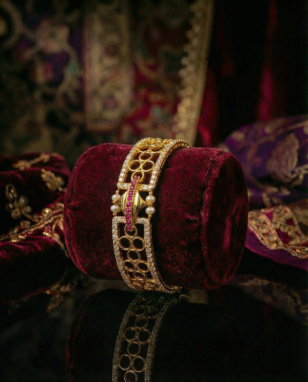 Gold-Plated Openwork Bangle with Ruby & Pearl Accents