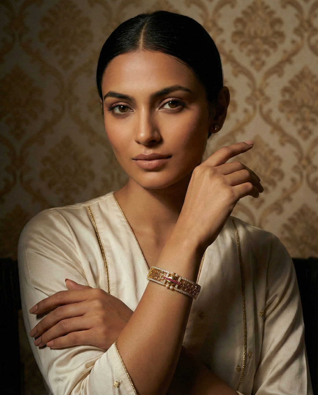 Gold-Plated Openwork Bangle with Ruby & Pearl Accents